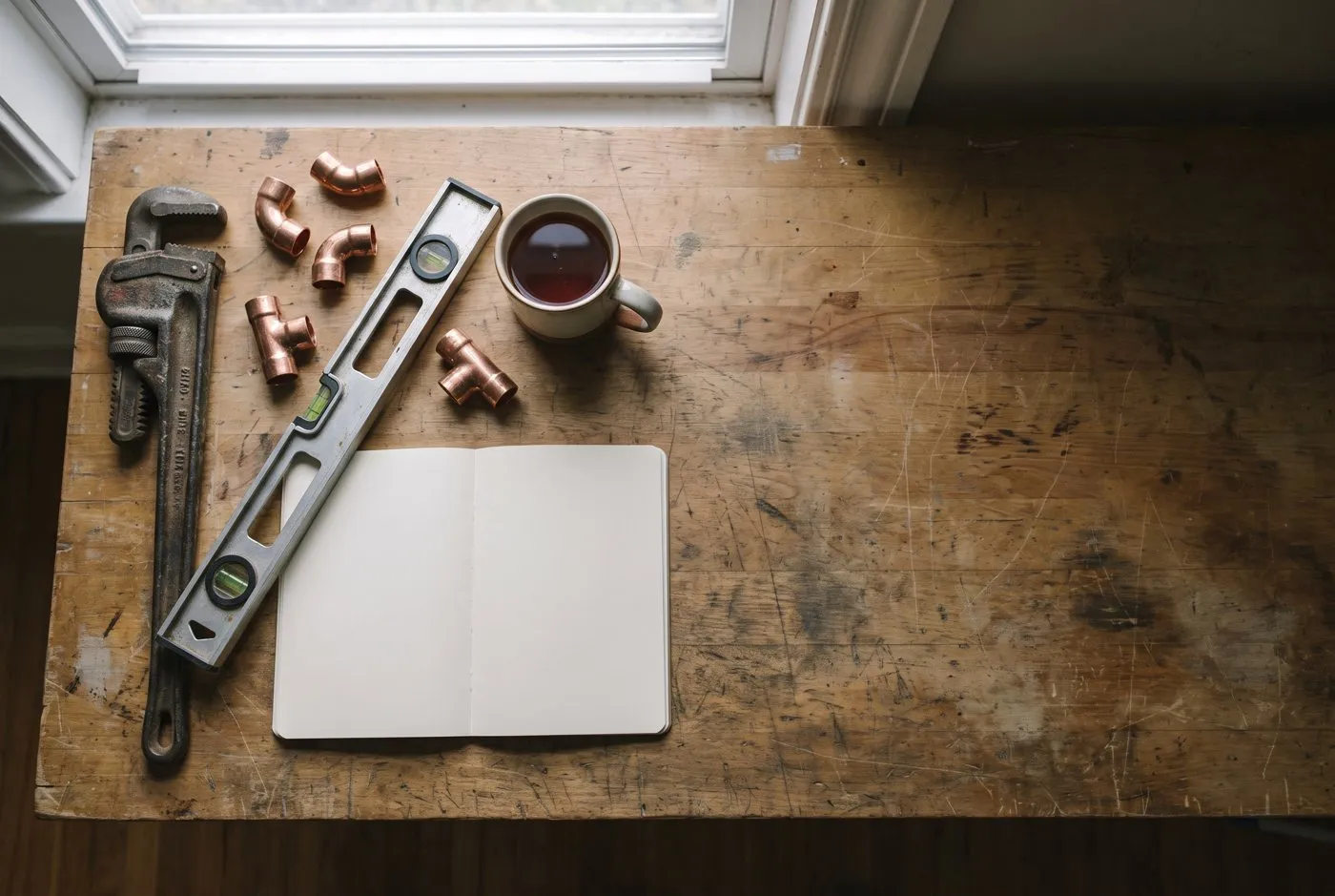 A workbench from above: a pipe wrench, copper fittings, a spirit level, a notebook and a mug of tea.